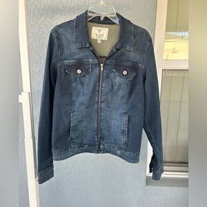 Guess Jean Jacket Women’s Blue Denim Full Zip Moto Trucker Size Large Stretch